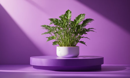Unoccupied podium for product display with plants and shadows on purple background.の素材