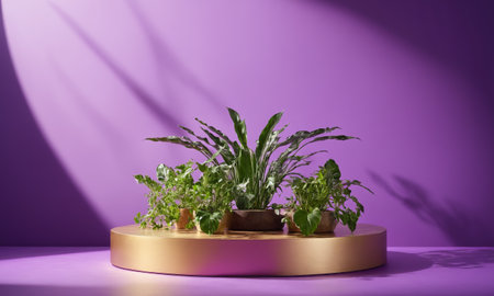 3D rendering of a podium with potted plants on a purple background.の素材