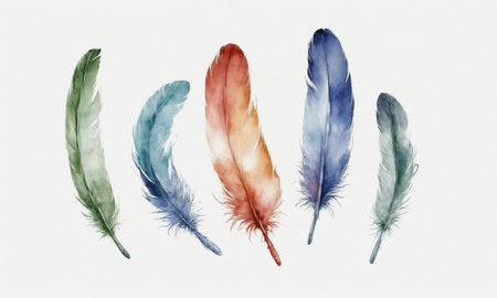 Watercolor feather isolated on white background. Hand-drawn illustration.の素材