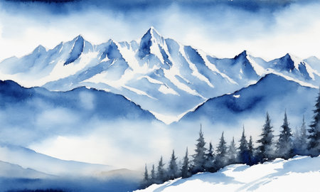Watercolor winter landscape with mountains, pine trees and blue skyの素材