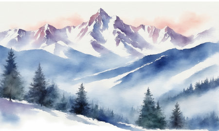 Mountain landscape with snow and fog. Digital watercolor paintingの素材