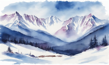 Mountain landscape with snow and fog. Digital watercolor paintingの素材