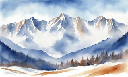 Mountain landscape with snow and fog. Digital watercolor paintingの素材