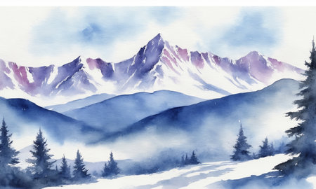 Watercolor winter landscape with mountains, pine trees and blue skyの素材