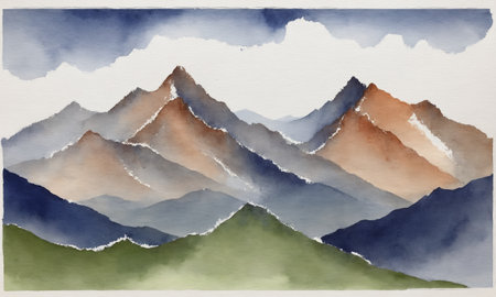Watercolor mountain landscape. Hand drawn illustration with mountains and blue skyの素材