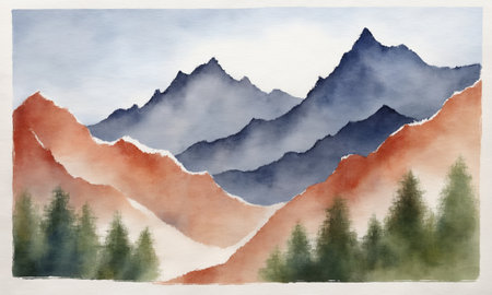 Watercolor mountain landscape. Hand drawn illustration with mountains and blue skyの素材