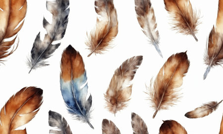 Watercolor bird feather from wing isolated on white background. illustration for designの素材