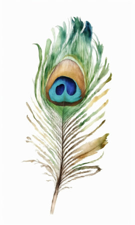 Watercolor peacock feather on white background. Hand drawn illustrationの素材