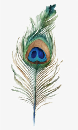 Watercolor peacock feather on white background. Hand drawn illustrationの素材
