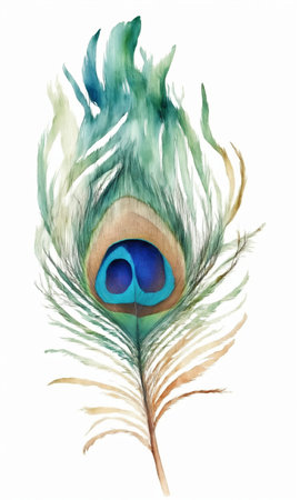 Watercolor peacock feather on white background. Hand drawn illustrationの素材
