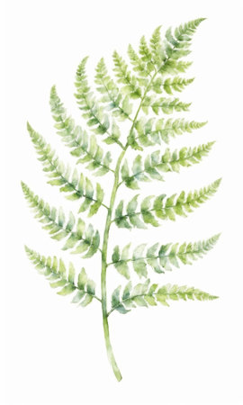 watercolor drawing of fern leaf on white background.の素材