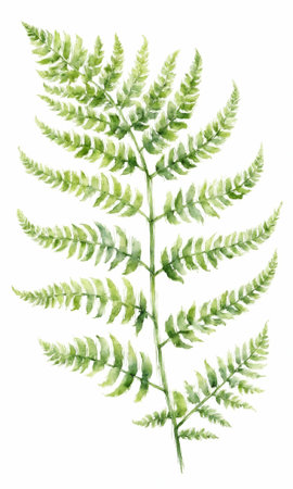 watercolor drawing of green fern leaf on white background.の素材