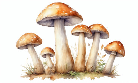 watercolor drawing of fly agaric mushrooms with grass isolated on white background.の素材