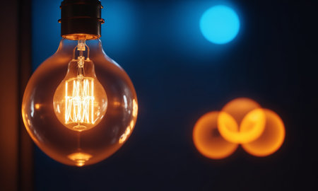 Retro incandescent Edison light bulb glowing in the darkの素材