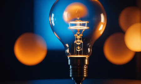 Retro incandescent Edison light bulb glowing in the darkの素材