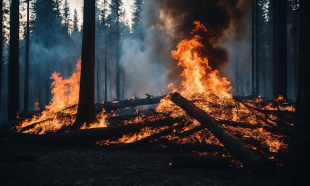 Forest fire in the forest. Burning pine trees in the forestの素材