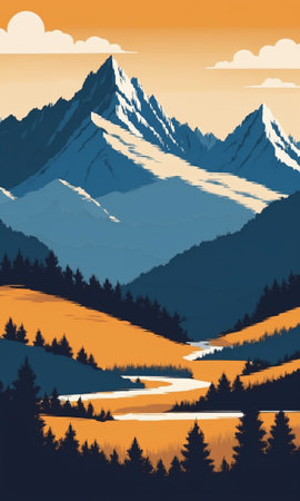 Mountain landscape with river, forest and mountains. illustration in flat styleの素材
