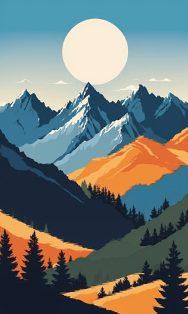 Mountains and forest in the evening. illustration of a mountain landscapeの素材