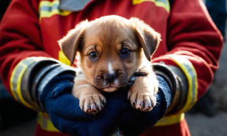 Puppy in the hands of a firefighterの素材
