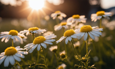 Beautiful daisies on a meadow in the rays of the setting sun.の素材