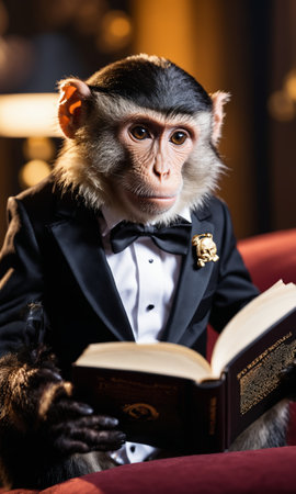 Monkey in a black suit and bow-tie reading a book.の素材