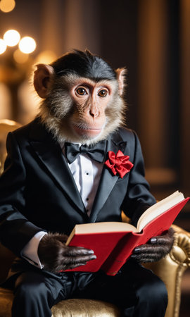 Monkey in a black suit and bow-tie reading a book.の素材