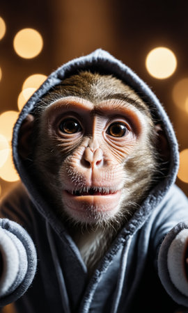 Portrait of a funny monkey in a hood. Bokeh backgroundの素材