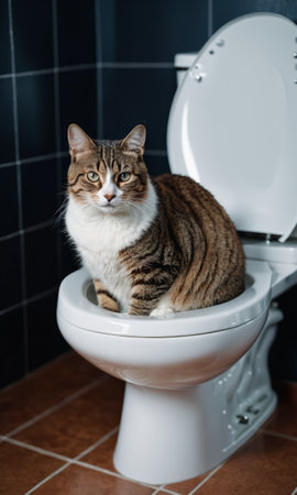 A cute tabby cat sits on the toilet and looks at the camera. Toilet training a cat.の素材