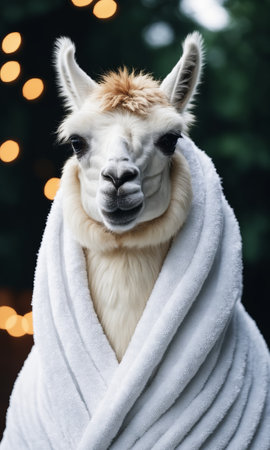 Portrait of a white alpaca wearing a white bathrobe in the mountains.の素材