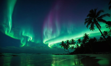 Northern lights in the night sky over a beach with palm trees.の素材