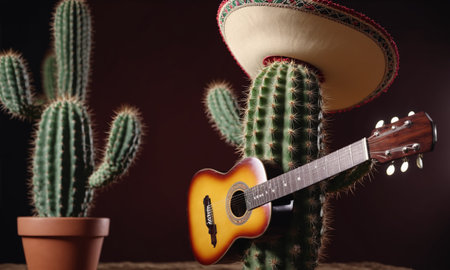 Guitar and cactus in a pot on a dark background.の素材