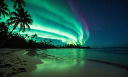 Northern lights in the night sky over a beach with palm trees.の素材