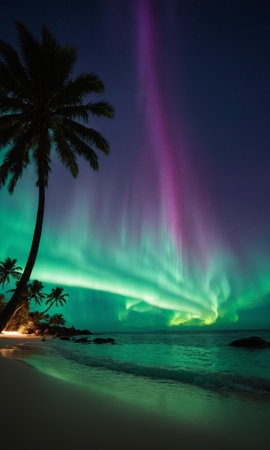 Northern lights, northern lights over tropical beach.の素材