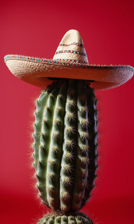 Mexican cactus with sombrero hat on red backgroundの素材