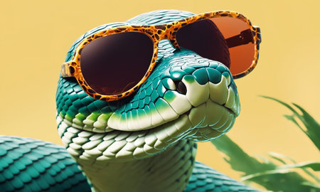 Blue snake with sunglasses on natural backgroundの素材