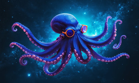 Blue octopus in space with stars and nebula 3D rendering.の素材