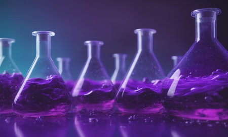 Laboratory glassware with purple liquid. Chemical laboratory research and development conceptの素材
