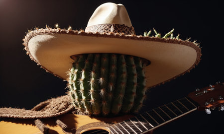 Guitar and cactus in a pot on a dark background.の素材