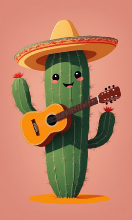 Cactus with sombrero and guitar. Cinco de mayo illustration.の素材