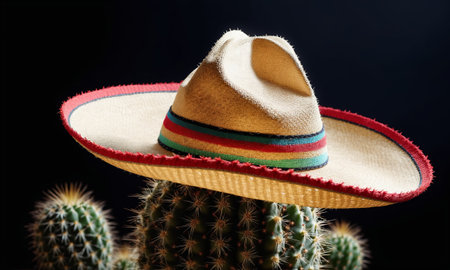 Mexican cactus with sombrero on wooden table against green background.の素材