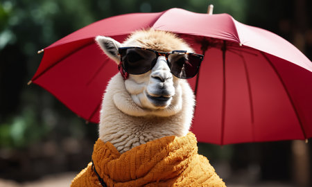 Llama wearing sunglasses and holding umbrella on green grass backgroundの素材