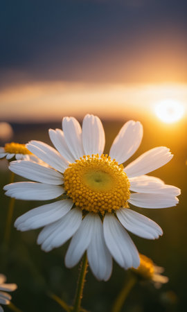 Beautiful daisies on a meadow in the rays of the setting sun.の素材