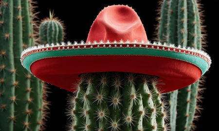 Mexican cactus with sombrero on wooden table against green background.の素材