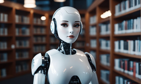 3d rendering humanoid robot in library with bookshelves in background.の素材