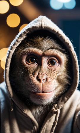 Portrait of a funny monkey in a hood. Bokeh backgroundの素材