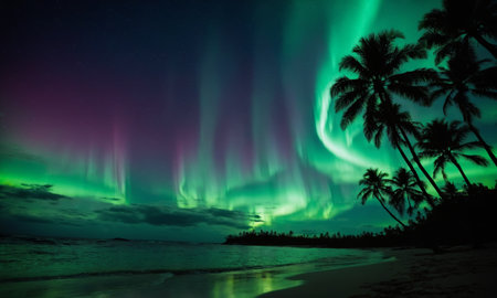 Northern lights in the night sky over a beach with palm trees.の素材