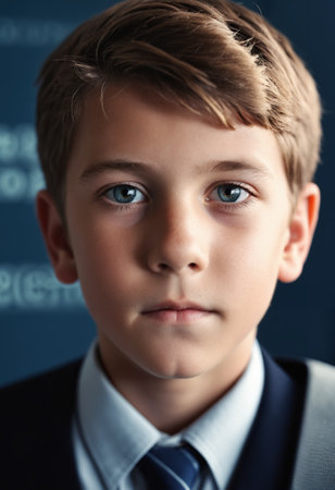 Close-up portrait of a boy in a suit and tieの素材