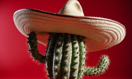 Mexican cactus with sombrero hat on red backgroundの素材