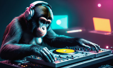 Monkey DJ in headphones playing music on turntables in a nightclub.の素材