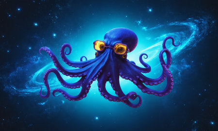 Blue octopus in space with stars and nebula 3D rendering.の素材